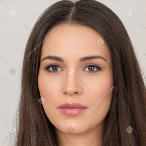 Neutral white young-adult female with long  brown hair and brown eyes