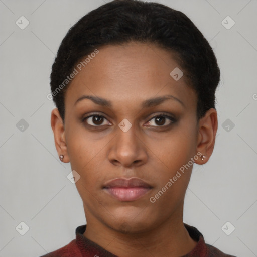 Neutral black young-adult female with short  black hair and brown eyes