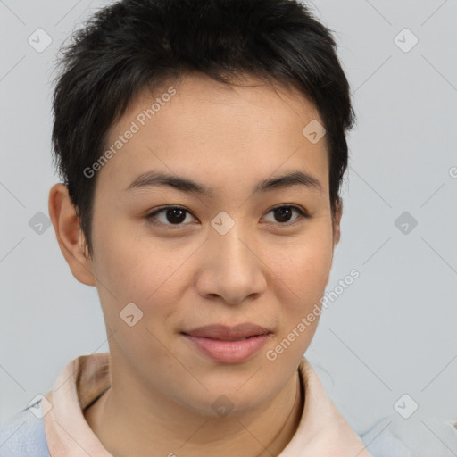 Joyful asian young-adult female with short  brown hair and brown eyes