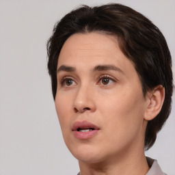 Neutral white young-adult female with short  brown hair and brown eyes