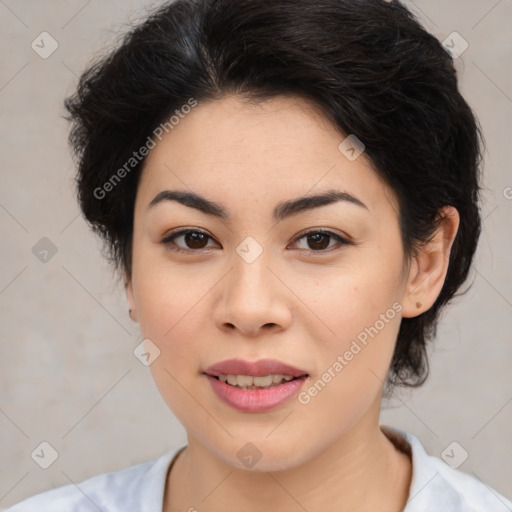 Joyful asian young-adult female with medium  black hair and brown eyes