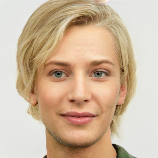 Joyful white young-adult female with medium  brown hair and green eyes