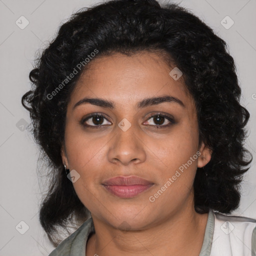 Joyful latino young-adult female with medium  black hair and brown eyes