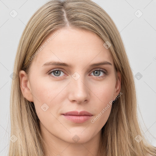 Neutral white young-adult female with long  brown hair and grey eyes