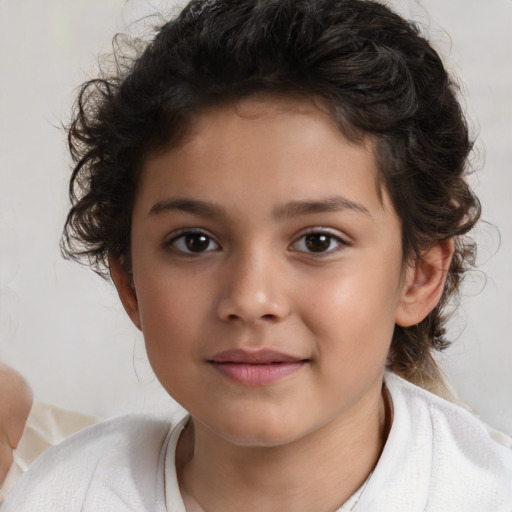 Joyful white child female with short  brown hair and brown eyes