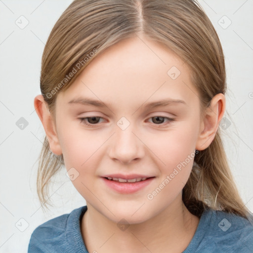 Joyful white child female with medium  brown hair and grey eyes