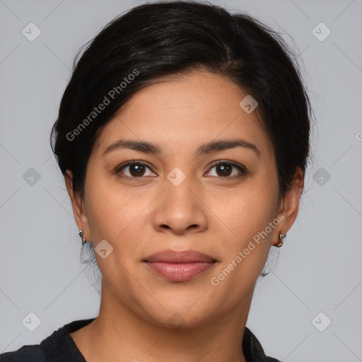 Joyful latino young-adult female with short  brown hair and brown eyes