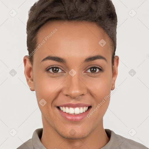 Joyful white young-adult female with short  brown hair and brown eyes