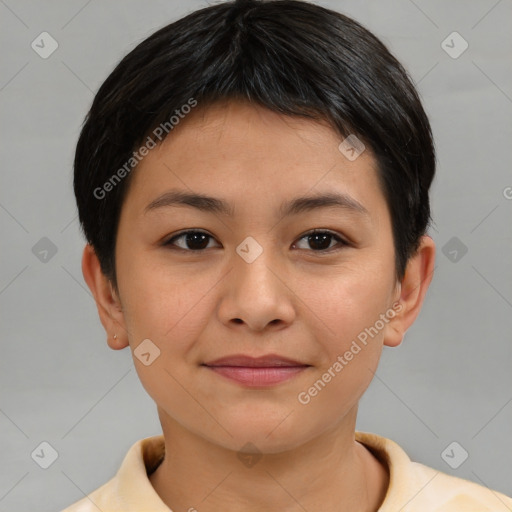 Joyful asian young-adult female with short  brown hair and brown eyes