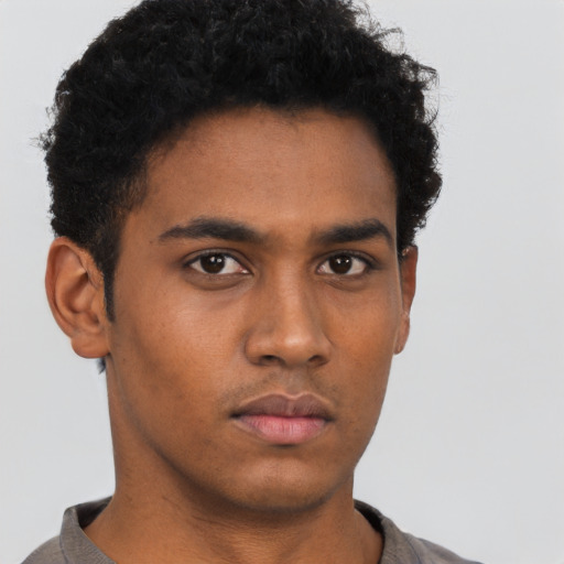 Neutral black young-adult male with short  black hair and brown eyes