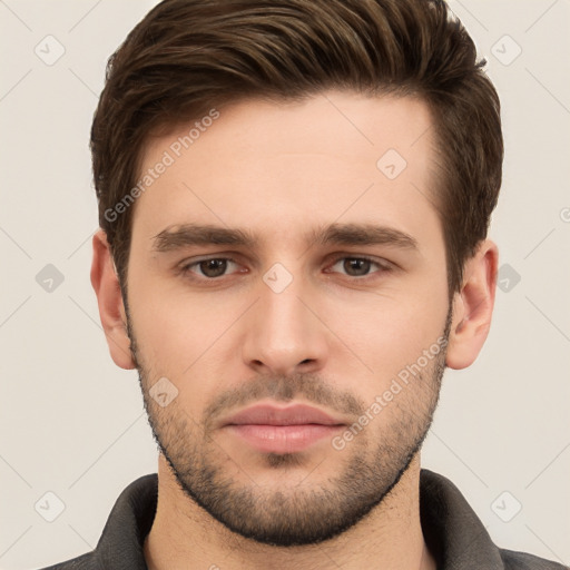 Neutral white young-adult male with short  brown hair and brown eyes