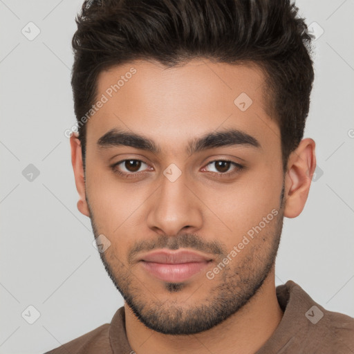 Neutral white young-adult male with short  brown hair and brown eyes