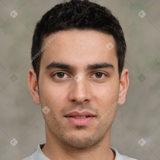 Neutral white young-adult male with short  brown hair and brown eyes