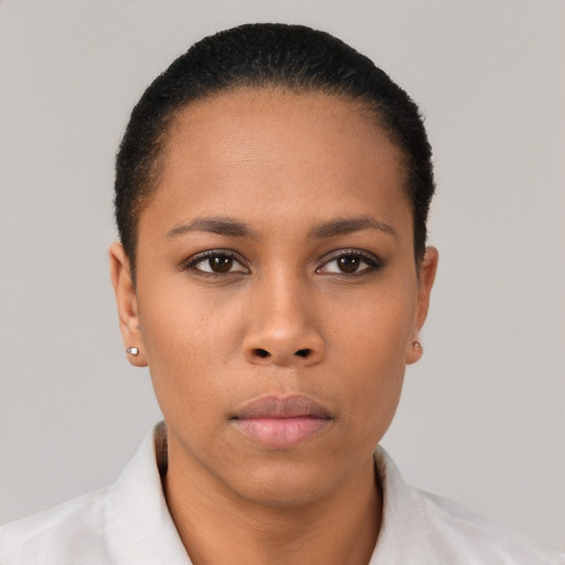 Neutral asian young-adult female with short  black hair and brown eyes