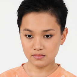 Neutral asian young-adult female with short  brown hair and brown eyes