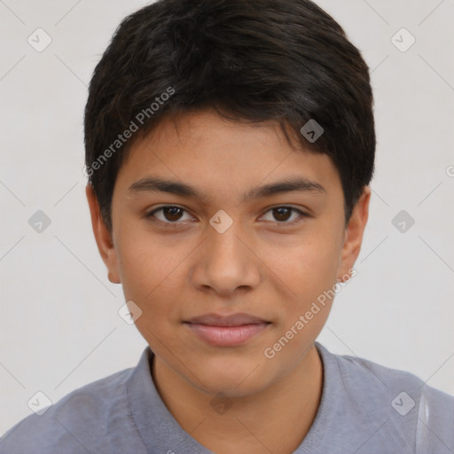 Joyful latino young-adult male with short  brown hair and brown eyes