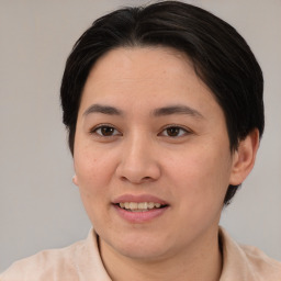 Joyful asian young-adult female with medium  brown hair and brown eyes