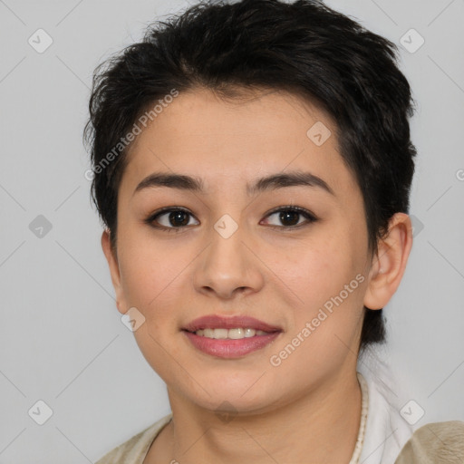 Joyful latino young-adult female with short  brown hair and brown eyes