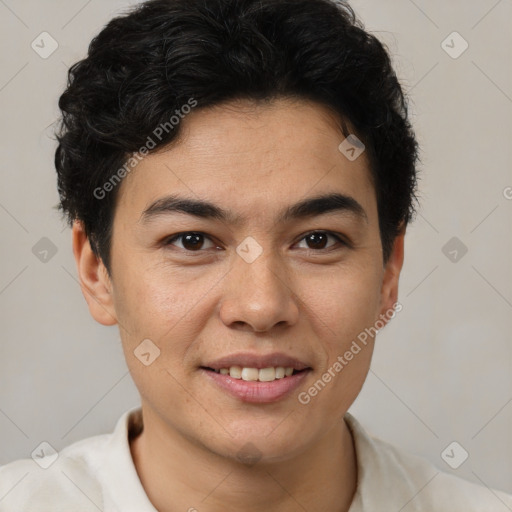 Joyful latino young-adult male with short  brown hair and brown eyes