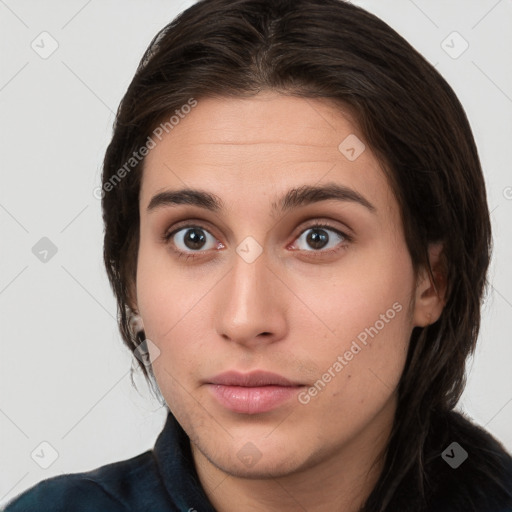 Neutral white young-adult female with medium  brown hair and brown eyes