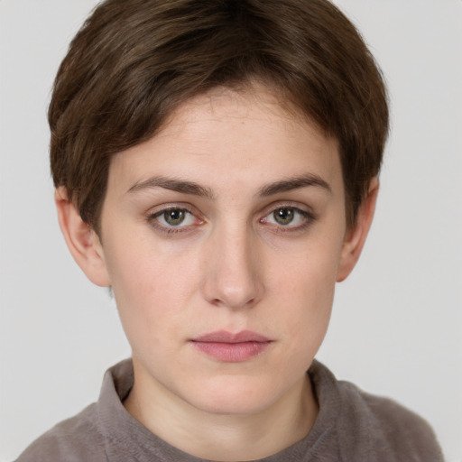 Neutral white young-adult female with short  brown hair and grey eyes