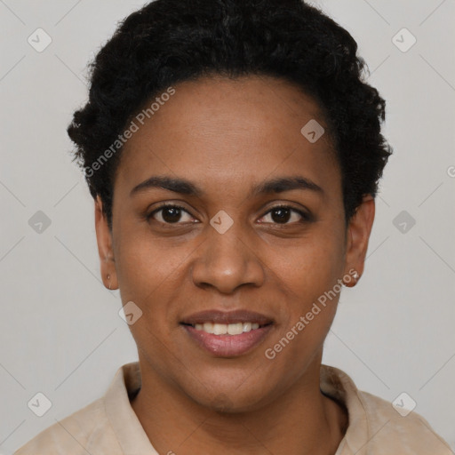 Joyful black young-adult female with short  black hair and brown eyes