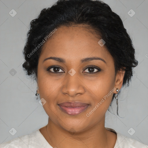 Joyful black young-adult female with medium  black hair and brown eyes