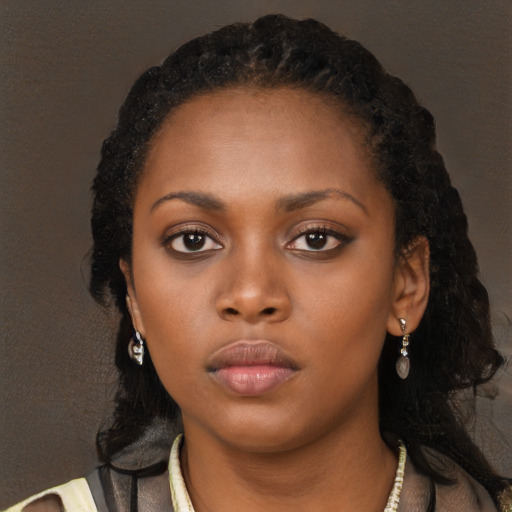Neutral black young-adult female with long  black hair and brown eyes
