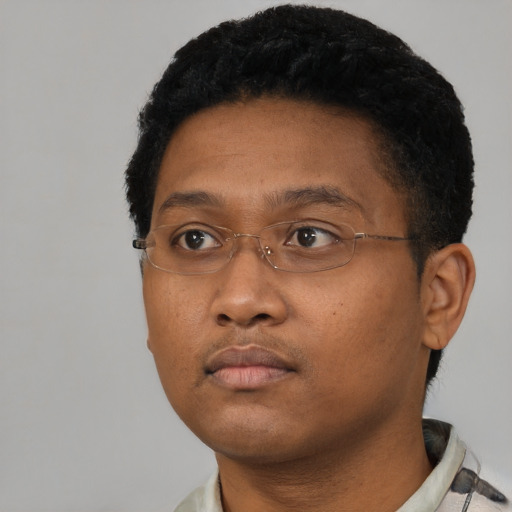 Neutral black young-adult male with short  black hair and brown eyes