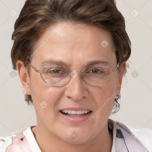 Joyful white adult female with short  brown hair and grey eyes