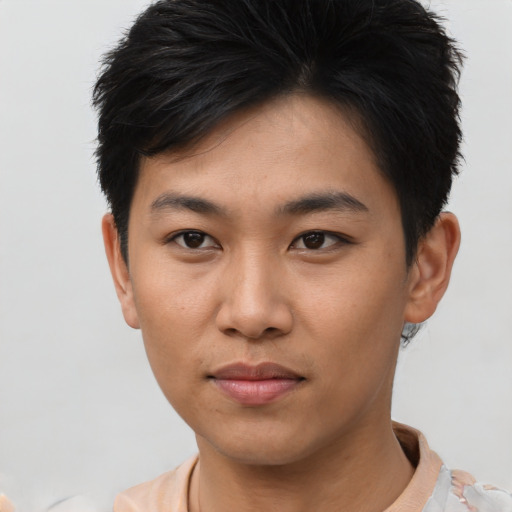 Neutral asian young-adult male with short  brown hair and brown eyes