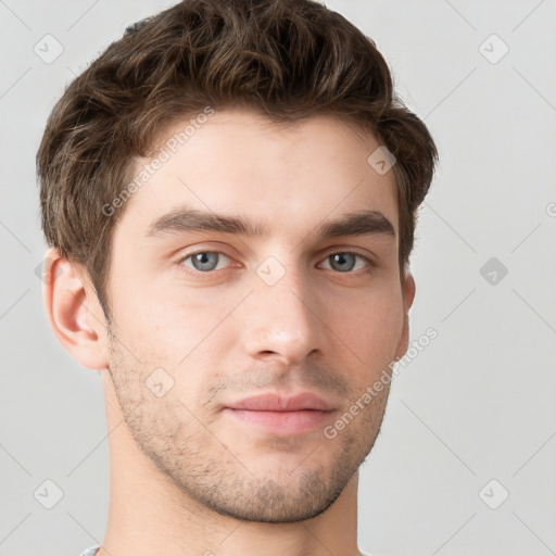 Neutral white young-adult male with short  brown hair and grey eyes