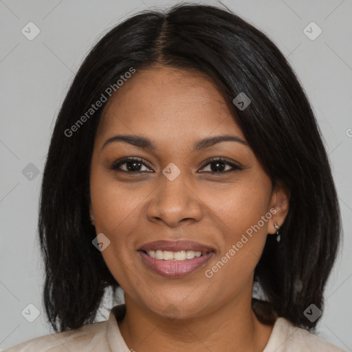 Joyful black young-adult female with medium  brown hair and brown eyes