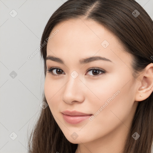 Neutral white young-adult female with long  brown hair and brown eyes