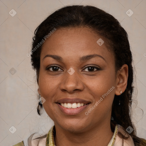 Joyful latino young-adult female with medium  brown hair and brown eyes