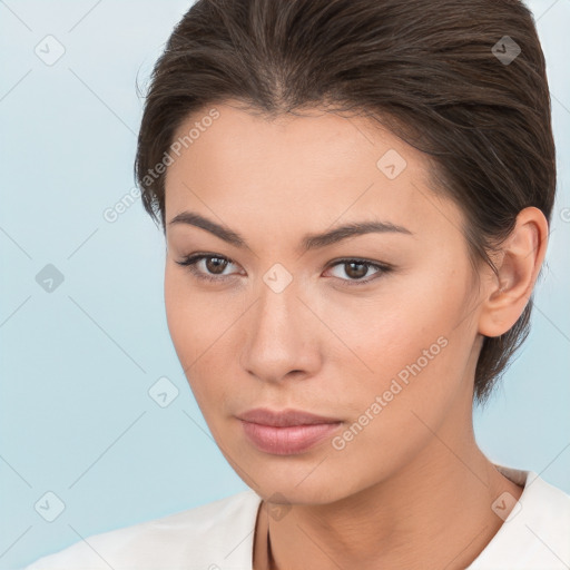 Neutral white young-adult female with medium  brown hair and brown eyes