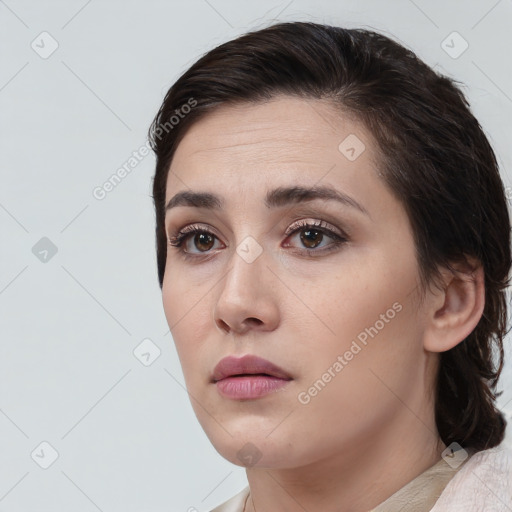 Neutral white young-adult female with medium  brown hair and brown eyes