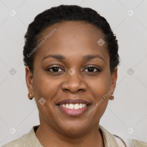 Joyful black young-adult female with short  brown hair and brown eyes