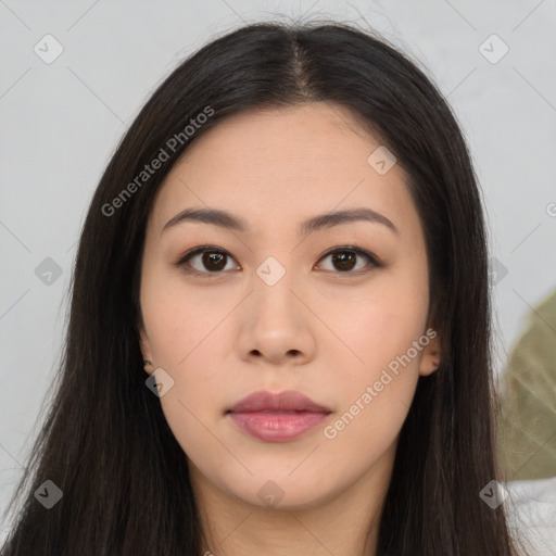 Neutral asian young-adult female with long  brown hair and brown eyes