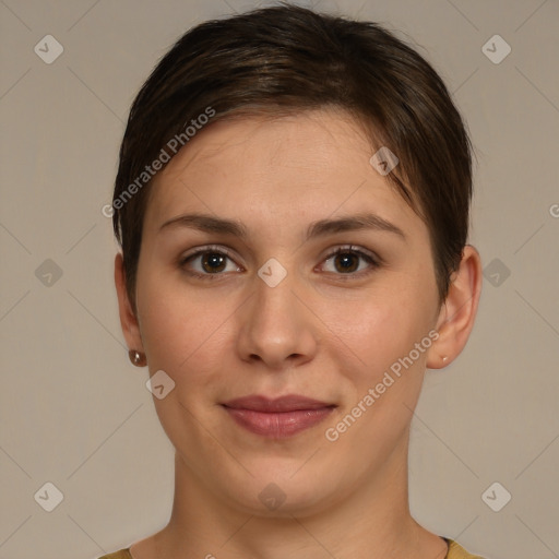 Joyful white young-adult female with short  brown hair and brown eyes