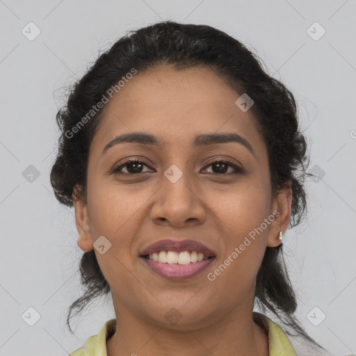 Joyful latino young-adult female with long  brown hair and brown eyes