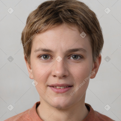 Joyful white young-adult female with short  brown hair and grey eyes