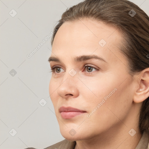 Neutral white young-adult female with medium  brown hair and brown eyes