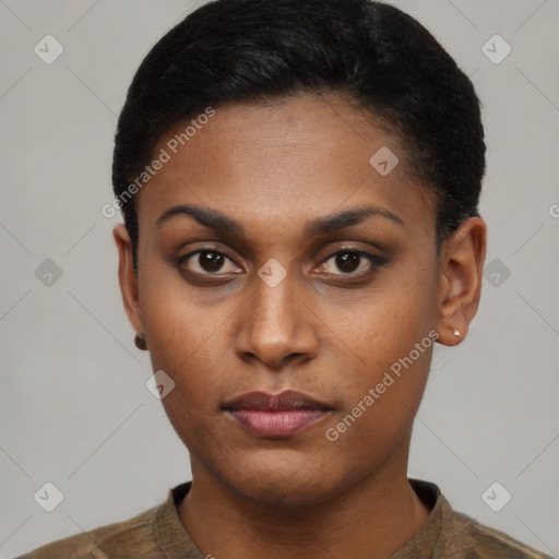 Neutral latino young-adult female with short  black hair and brown eyes