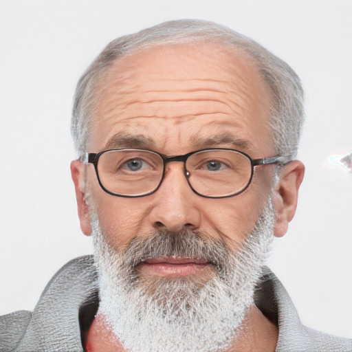 Neutral white middle-aged male with short  gray hair and blue eyes