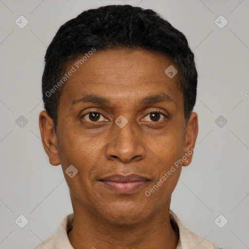 Joyful latino adult male with short  black hair and brown eyes