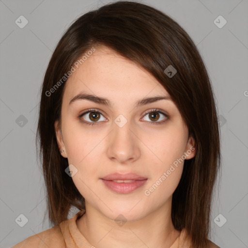 Neutral white young-adult female with medium  brown hair and brown eyes