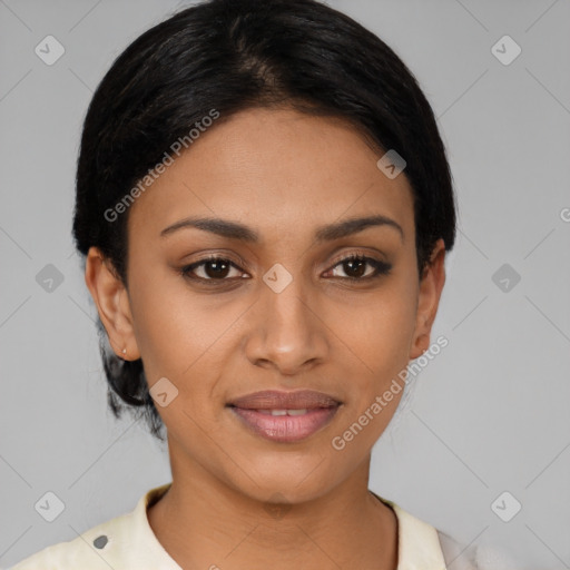 Joyful asian young-adult female with short  black hair and brown eyes