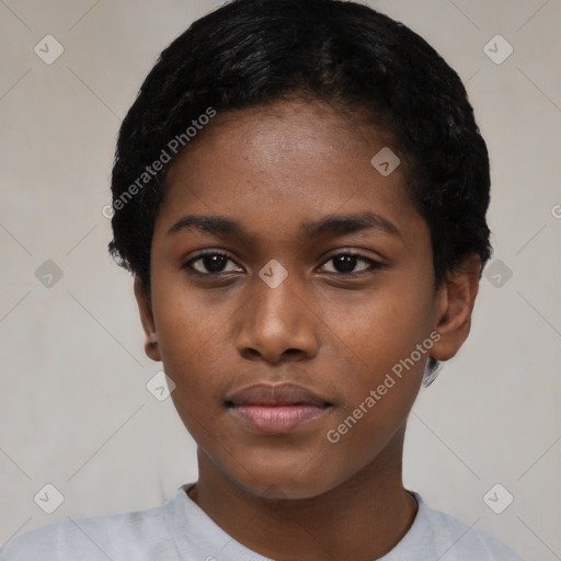 Neutral black young-adult female with short  black hair and brown eyes