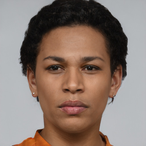 Neutral latino young-adult female with short  black hair and brown eyes